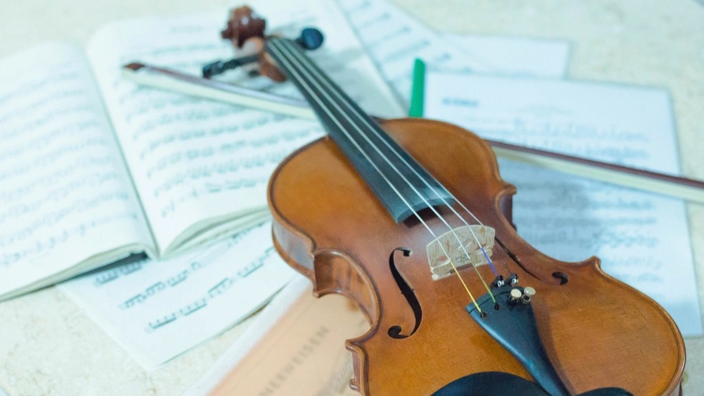 A violin, bow, and sheet music.
