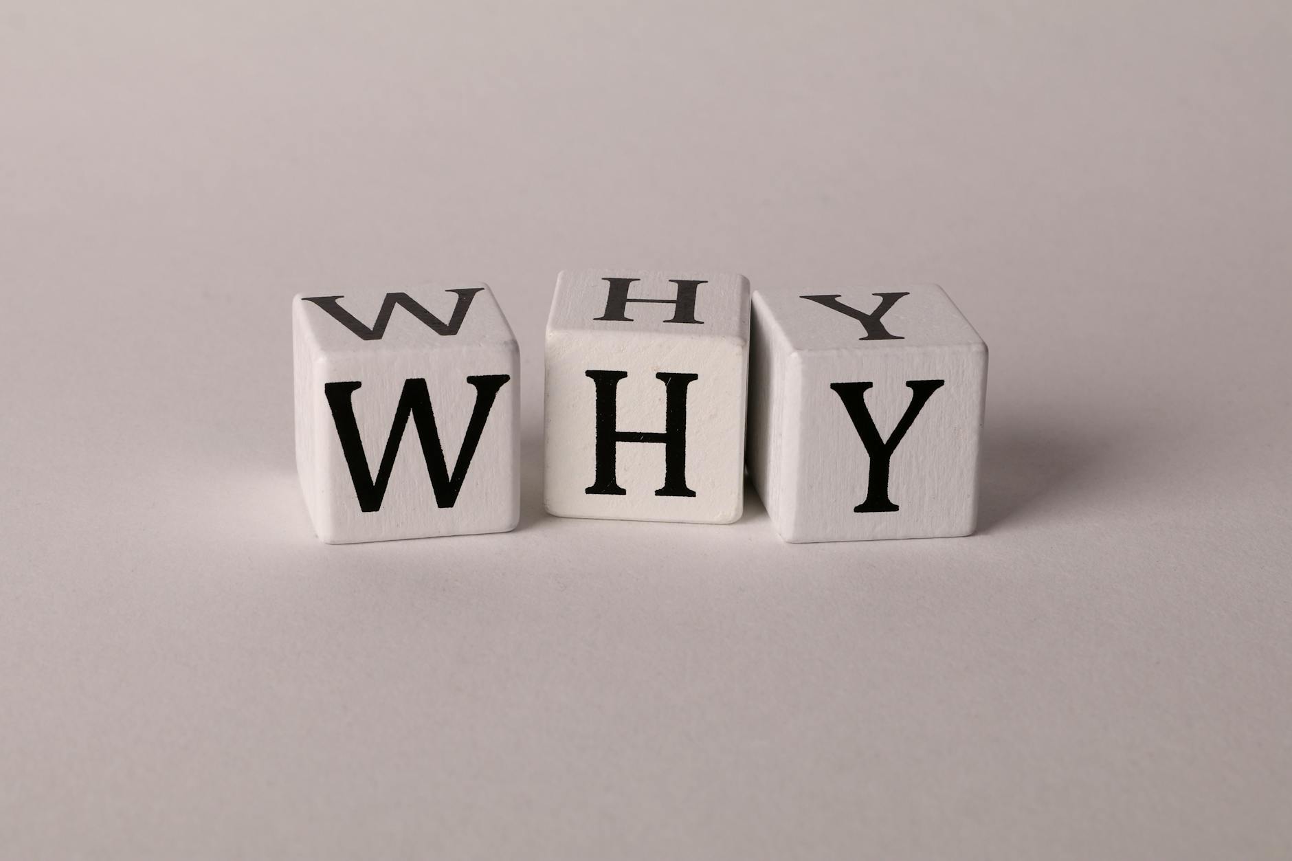 White letter cubes spell out the word "Why" in black letters.