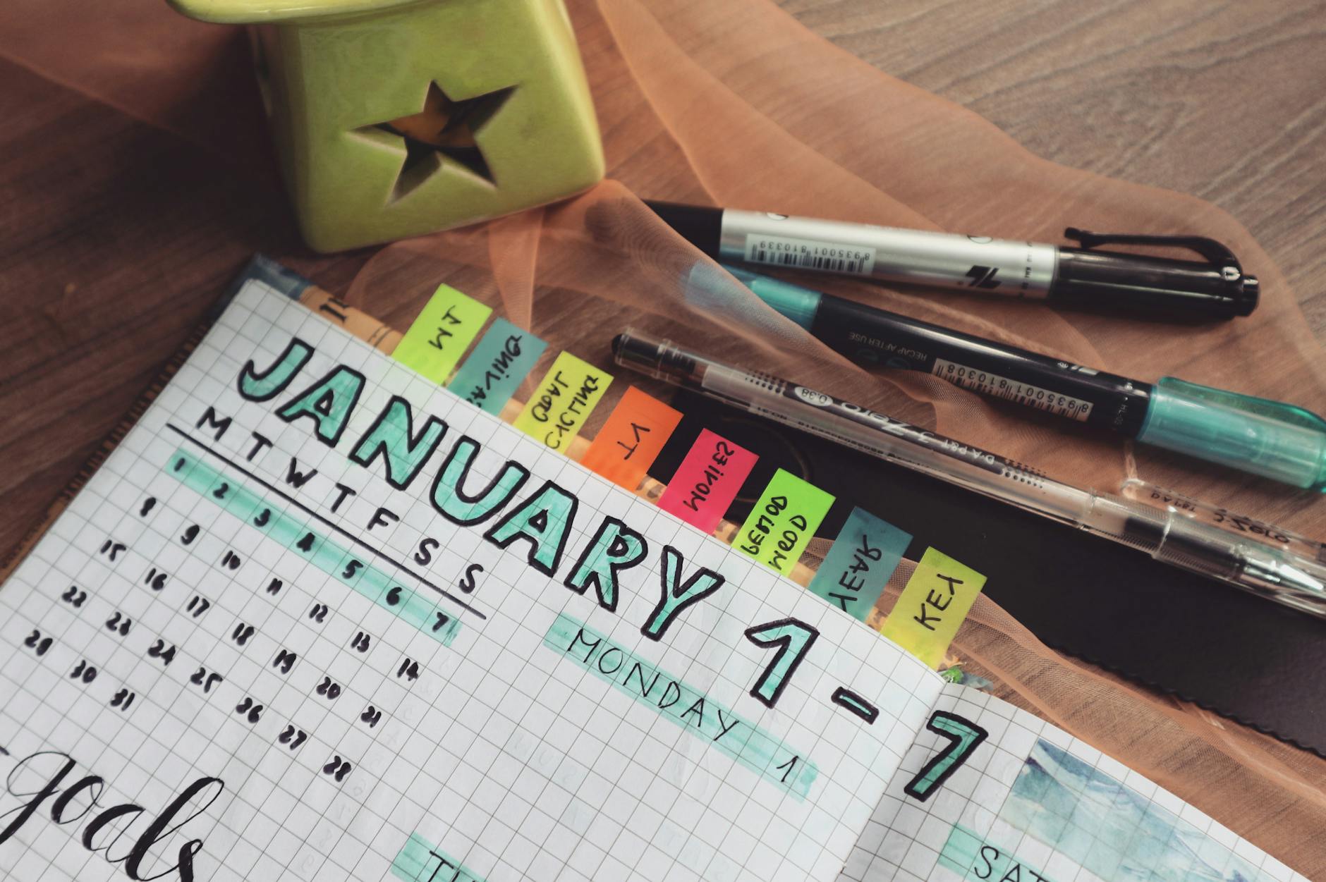 A calendar in a planner for the month of January, with color-coded sections in the planner and pens on a desk.