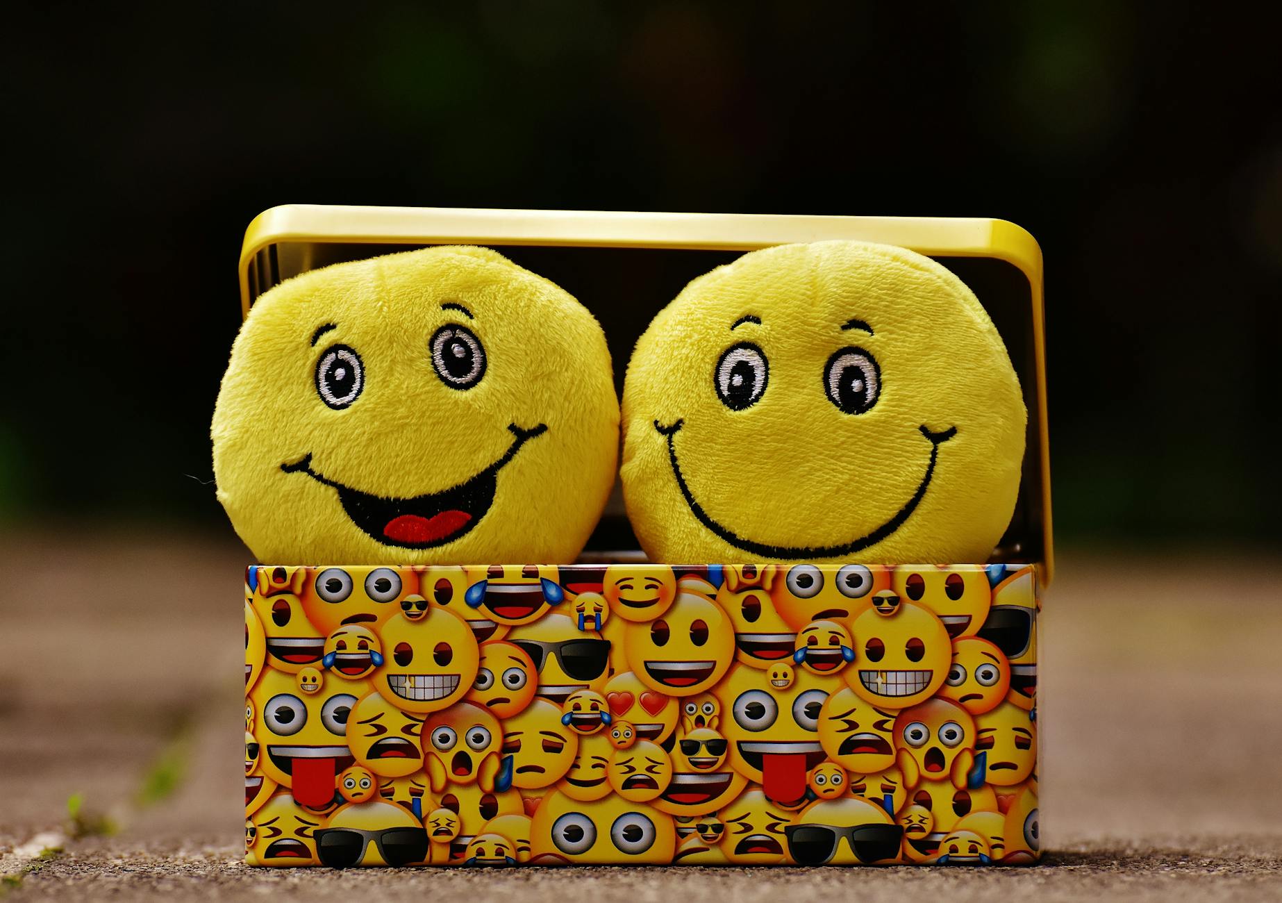 Two yellow happy face plush toys inside a box decorated with yellow emojis.
