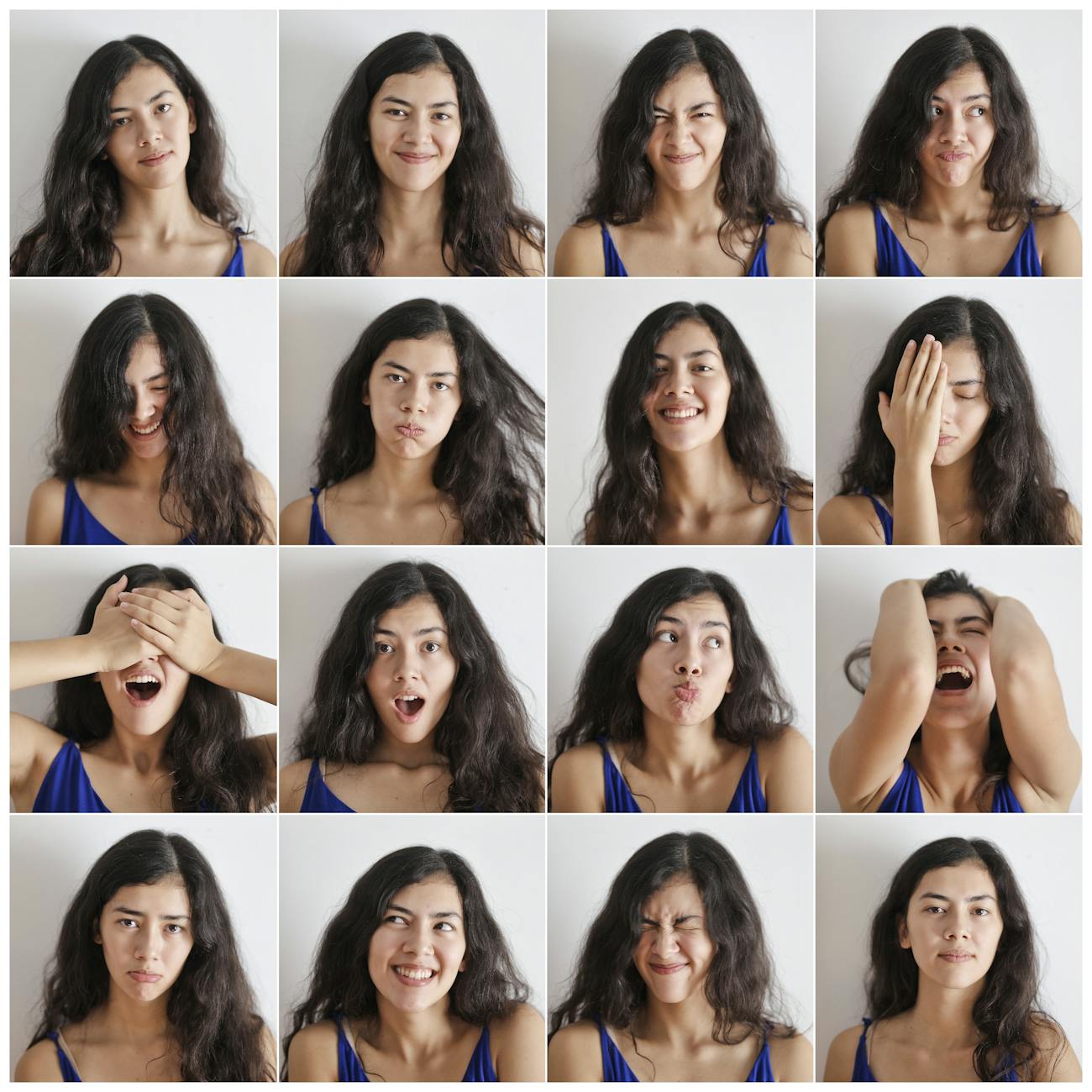 16 photos of a girl's face showing 16 different emotions in a collage.