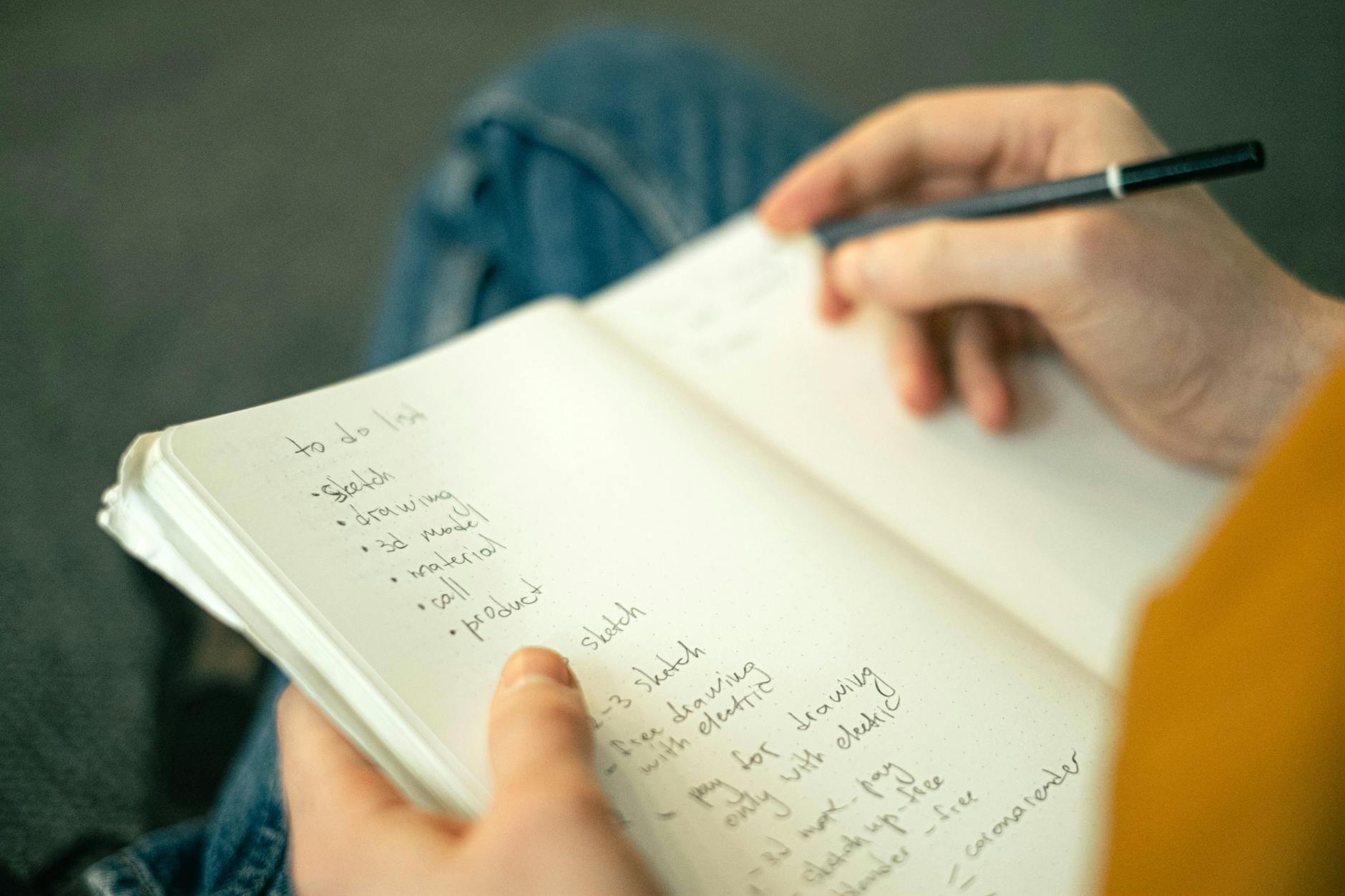 A hand writes a to-do
 list in a journal.